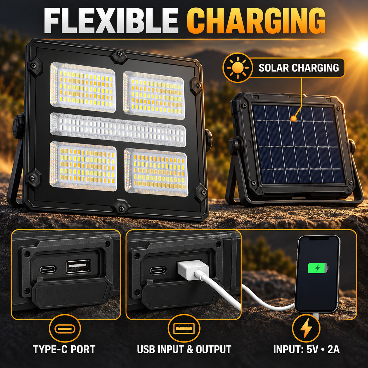 Solar Powered Rechargeable Battery Display Type C LED Flood Light W885 3 Dimmable Motion Sensor