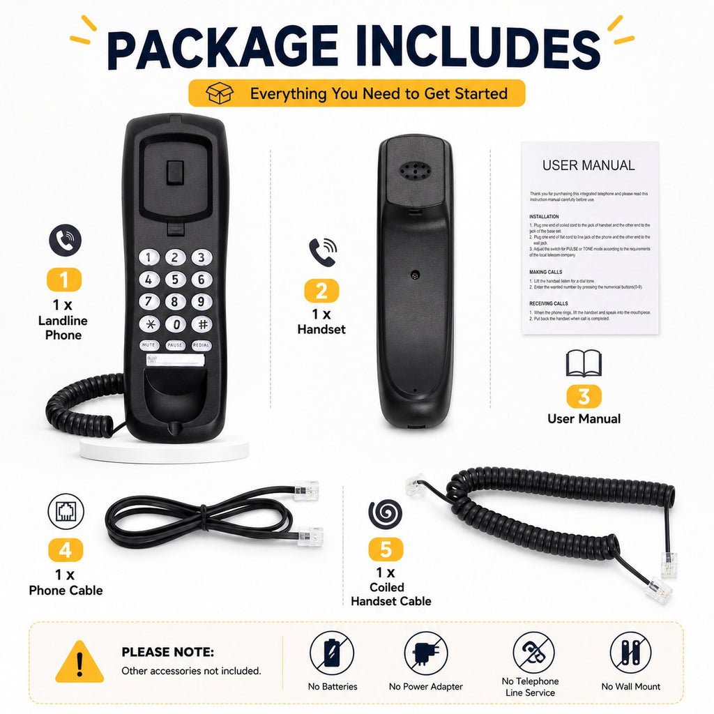 Small Corded Landline Phone - Mini Desktop & Wall Mount Telephone for Home/Office/Hotel - Default Title