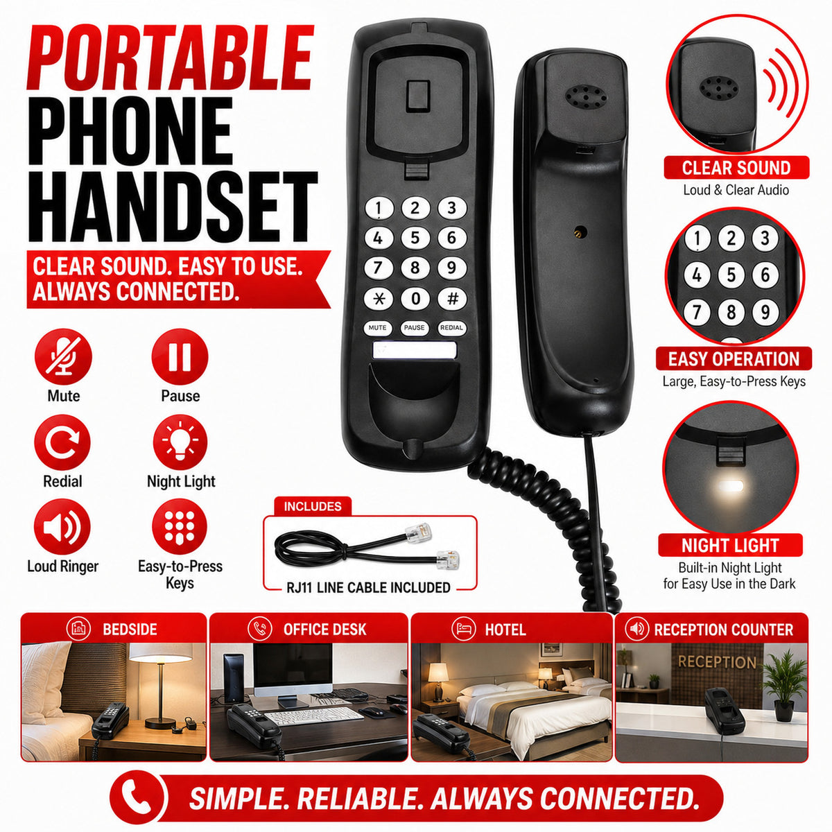 Small Corded Landline Phone - Mini Desktop & Wall Mount Telephone for Home/Office/Hotel