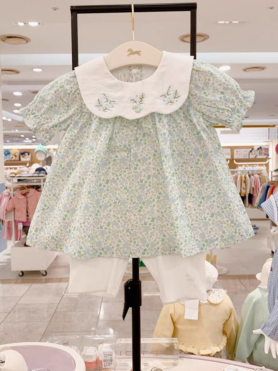 Baby Girls' Puff-Sleeve Floral Print Two-Piece Set (Top + Pants)