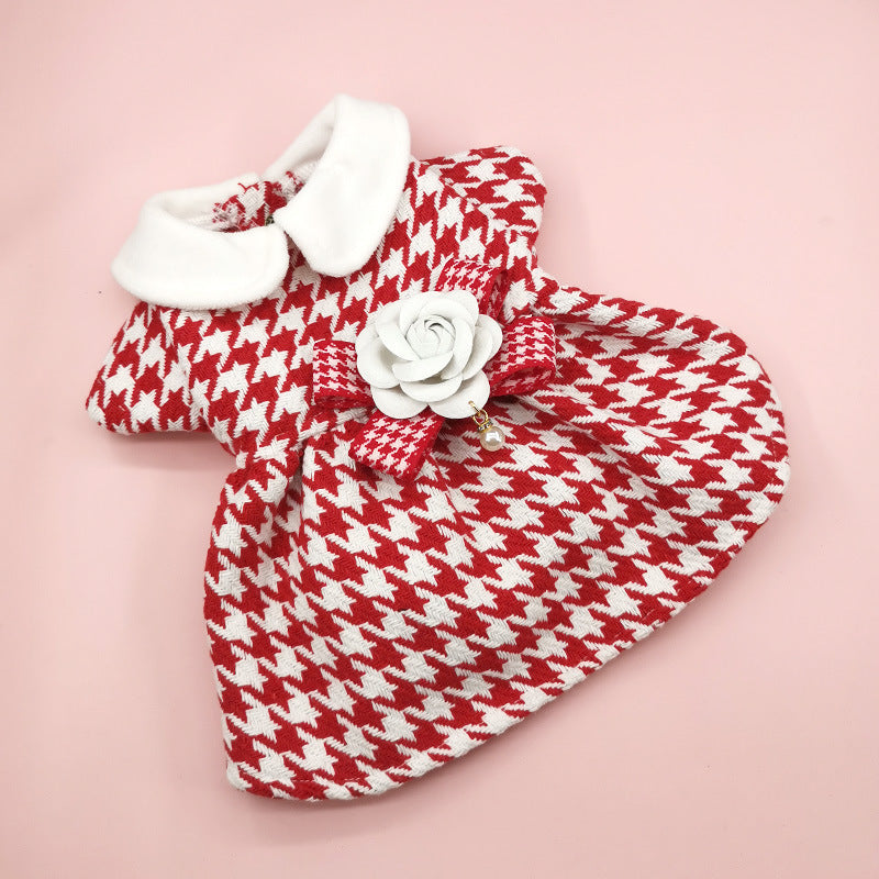 Trendy Warm Pet Clothes for Dogs and Cats - Wool Coat - Red Houndstooth-L-Set3