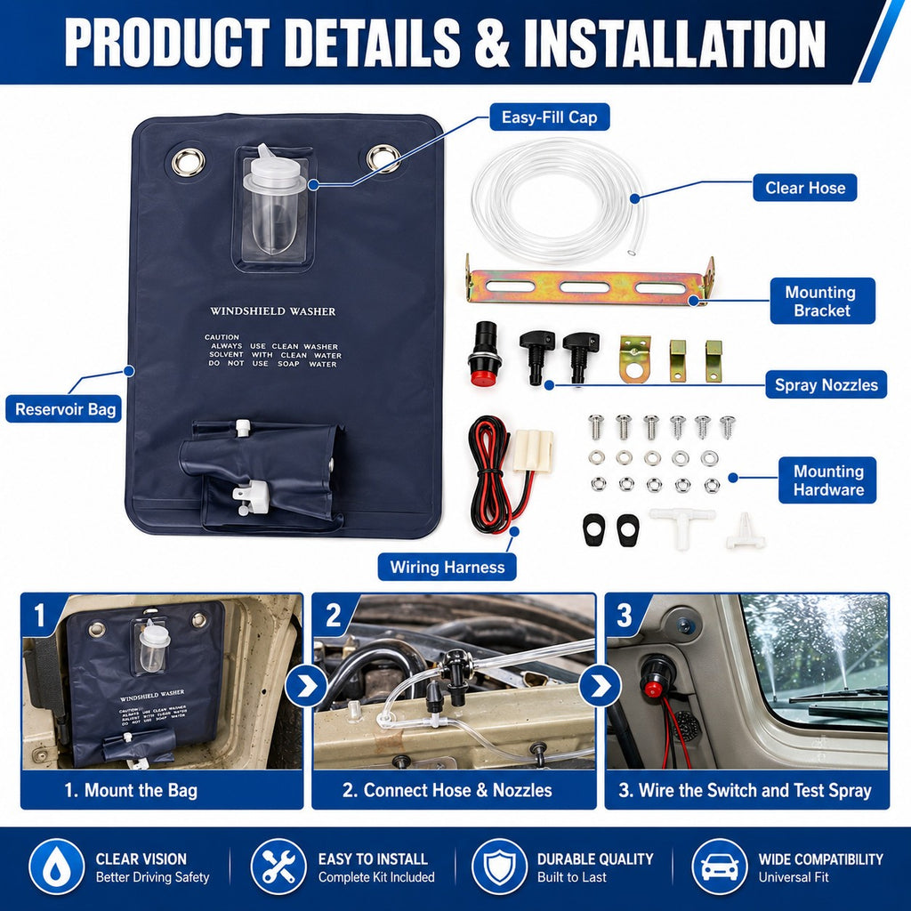 Universal Classic Car Windshield Washer Bag Kit 12V Complete Accessories