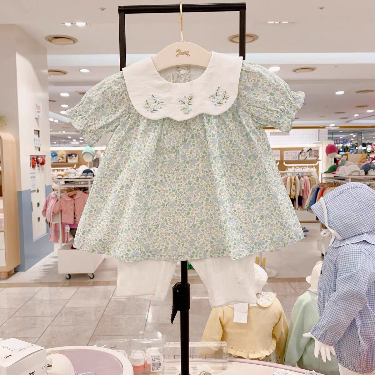 Baby Girls' Puff-Sleeve Floral Print Two-Piece Set (Top + Pants) - Green-47.2 in