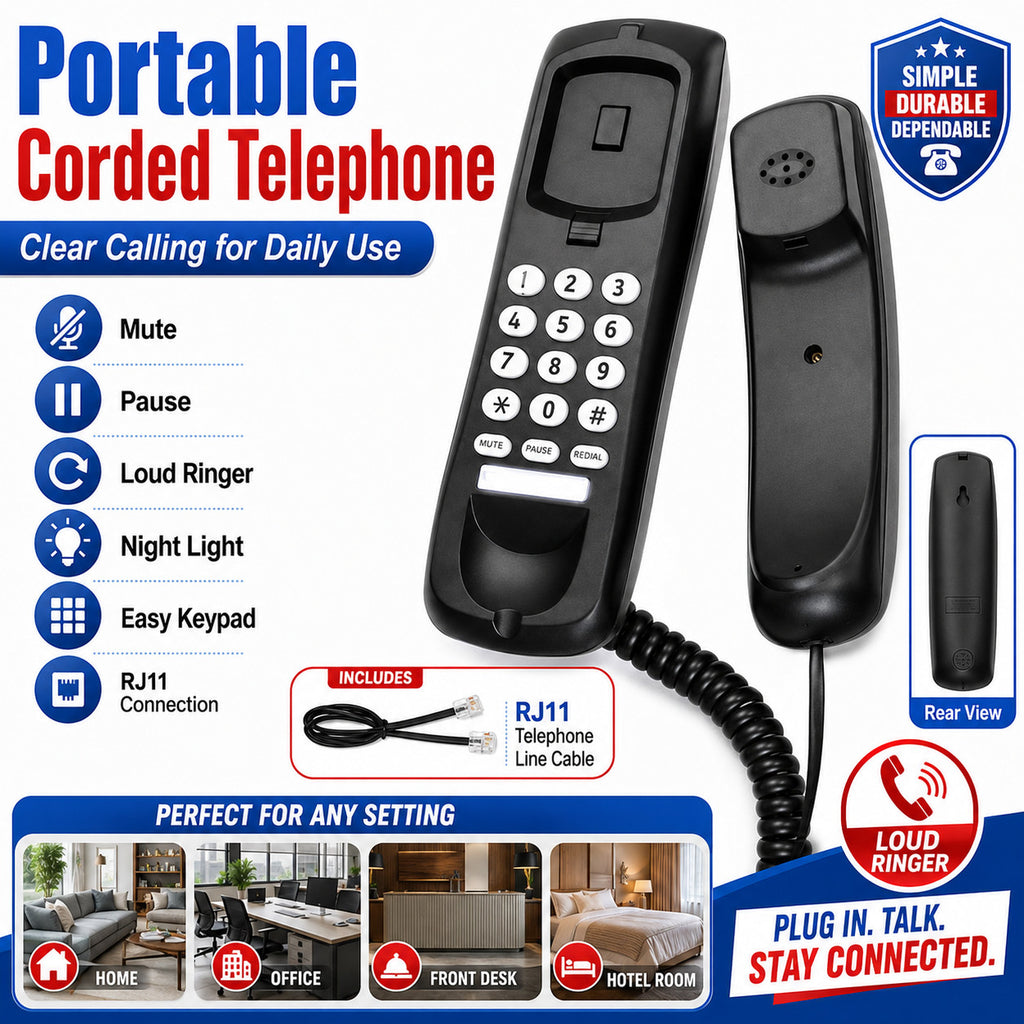 Small Corded Landline Phone - Mini Desktop & Wall Mount Telephone for Home/Office/Hotel