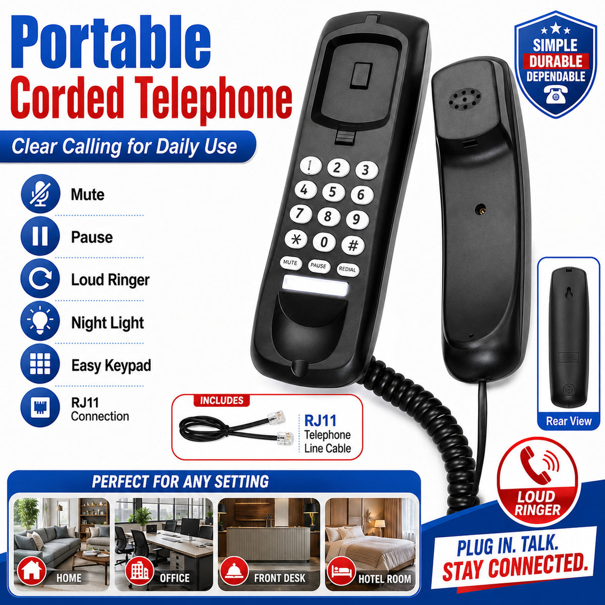 Small Corded Landline Phone - Mini Desktop & Wall Mount Telephone for Home/Office/Hotel
