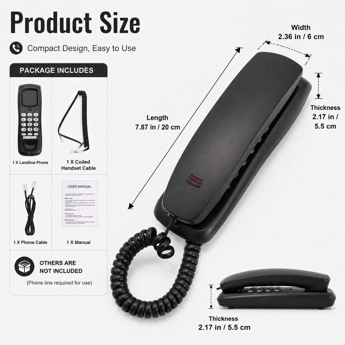Small Corded Landline Phone - Mini Desktop & Wall Mount Telephone for Home/Office/Hotel