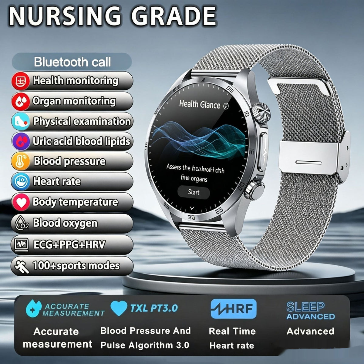 Smartwatch with Bluetooth Calling, Amoled Touchscreen, Health Monitoring - Silver Milanese Strap