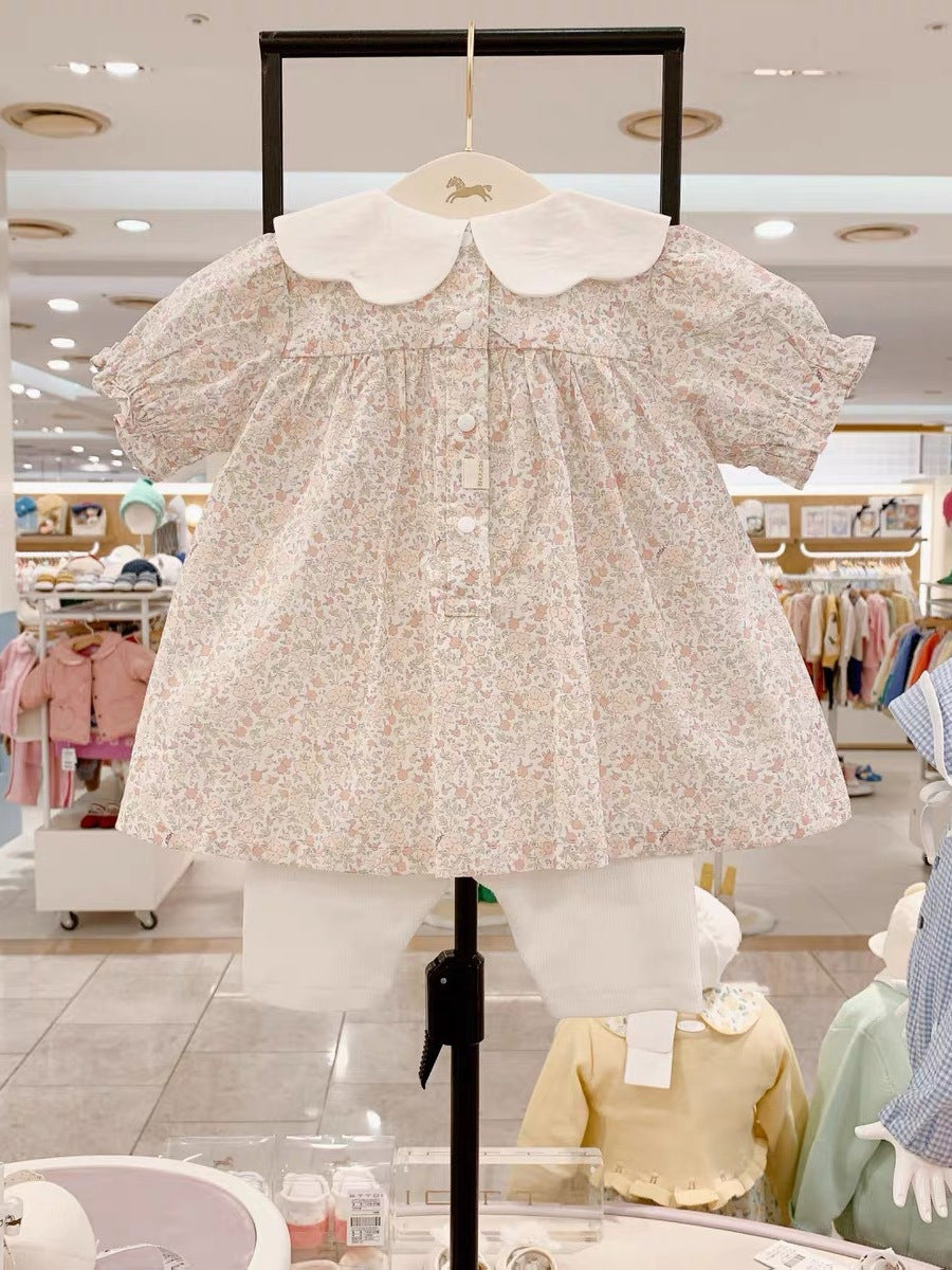 Baby Girls' Puff-Sleeve Floral Print Two-Piece Set (Top + Pants)