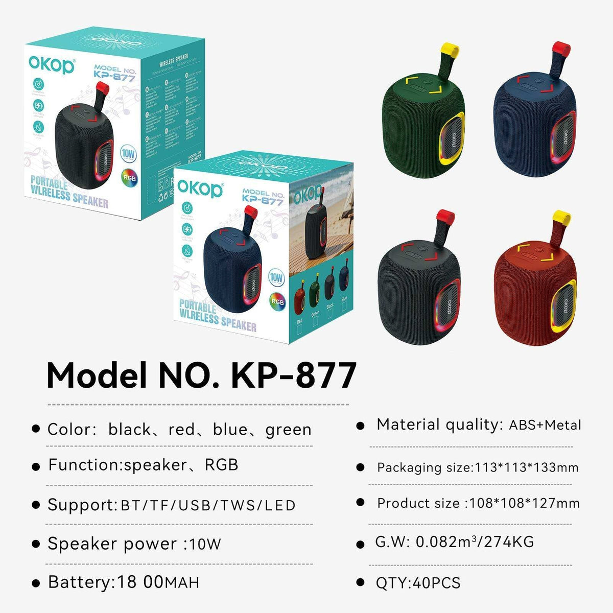 KP-877 Portable Bluetooth Speaker with RGB Lighting