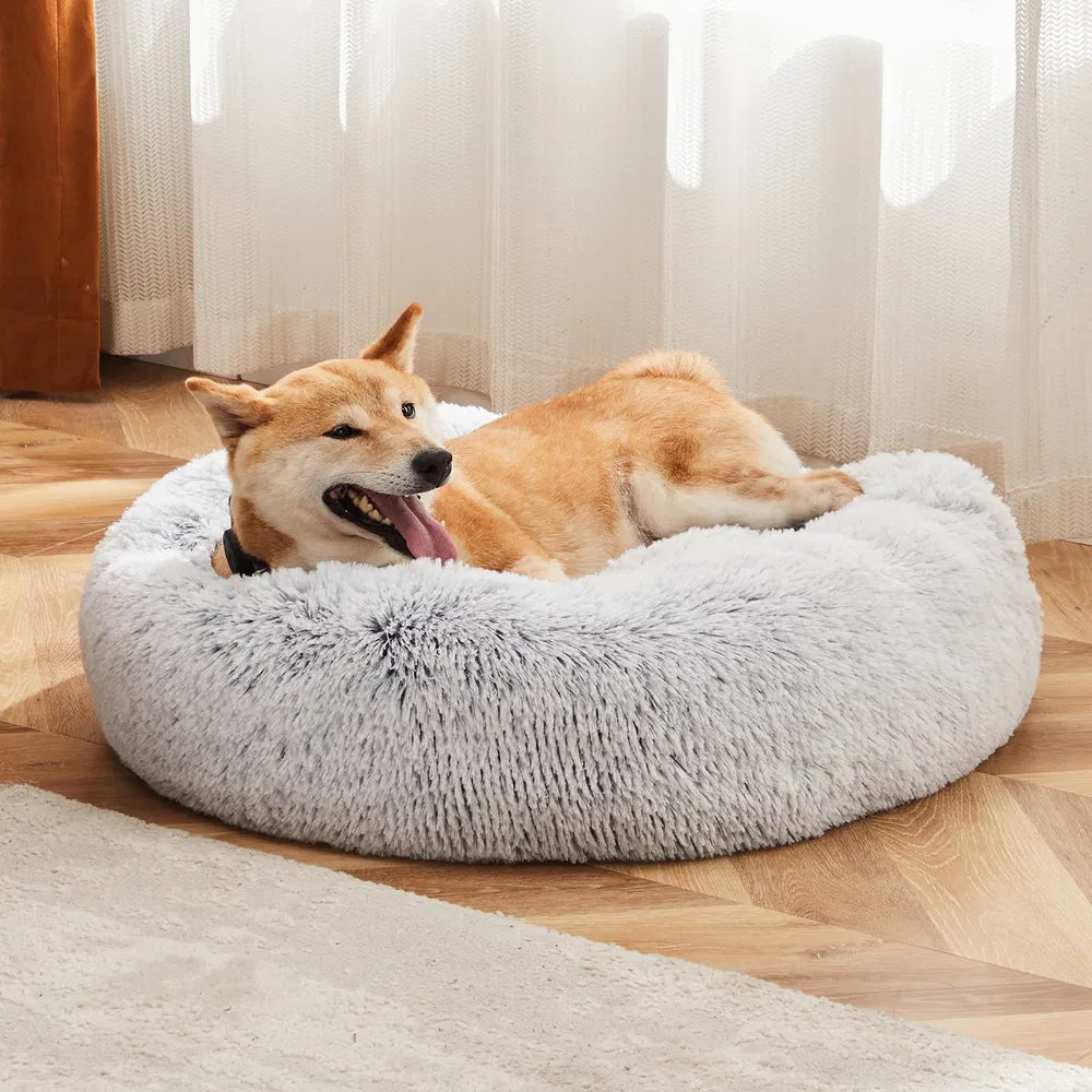 24 Inch Anti-Slip Round Fluffy Plush Faux Fur Cat Bed - Grey/XL