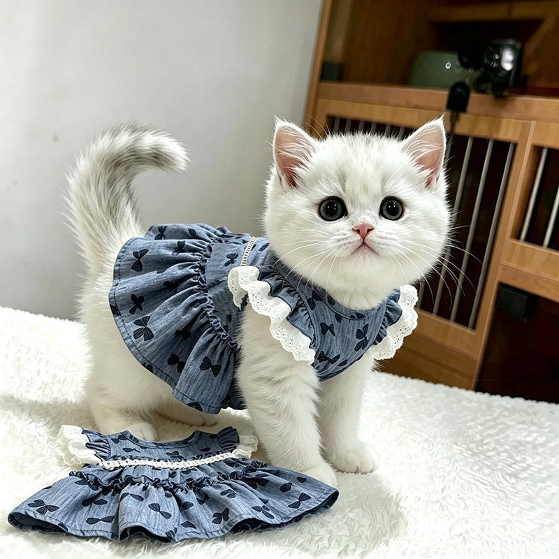 Cat Clothing Lace Trimmed Dress - Blue Dress-M