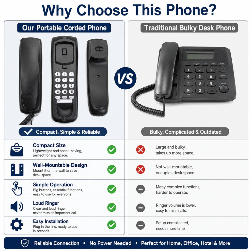 Small Corded Landline Phone - Mini Desktop & Wall Mount Telephone for Home/Office/Hotel