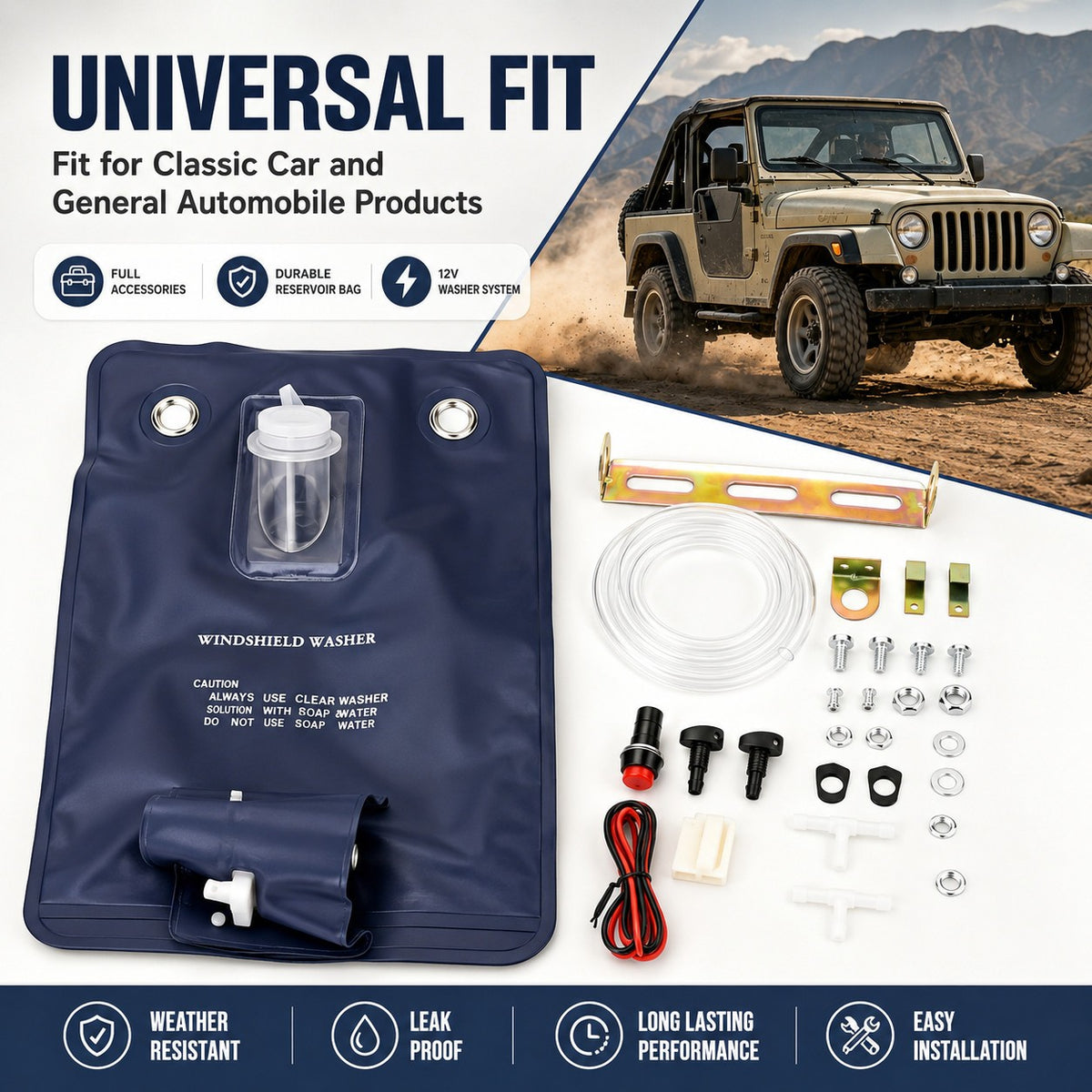 Universal Classic Car Windshield Washer Bag Kit 12V Complete Accessories