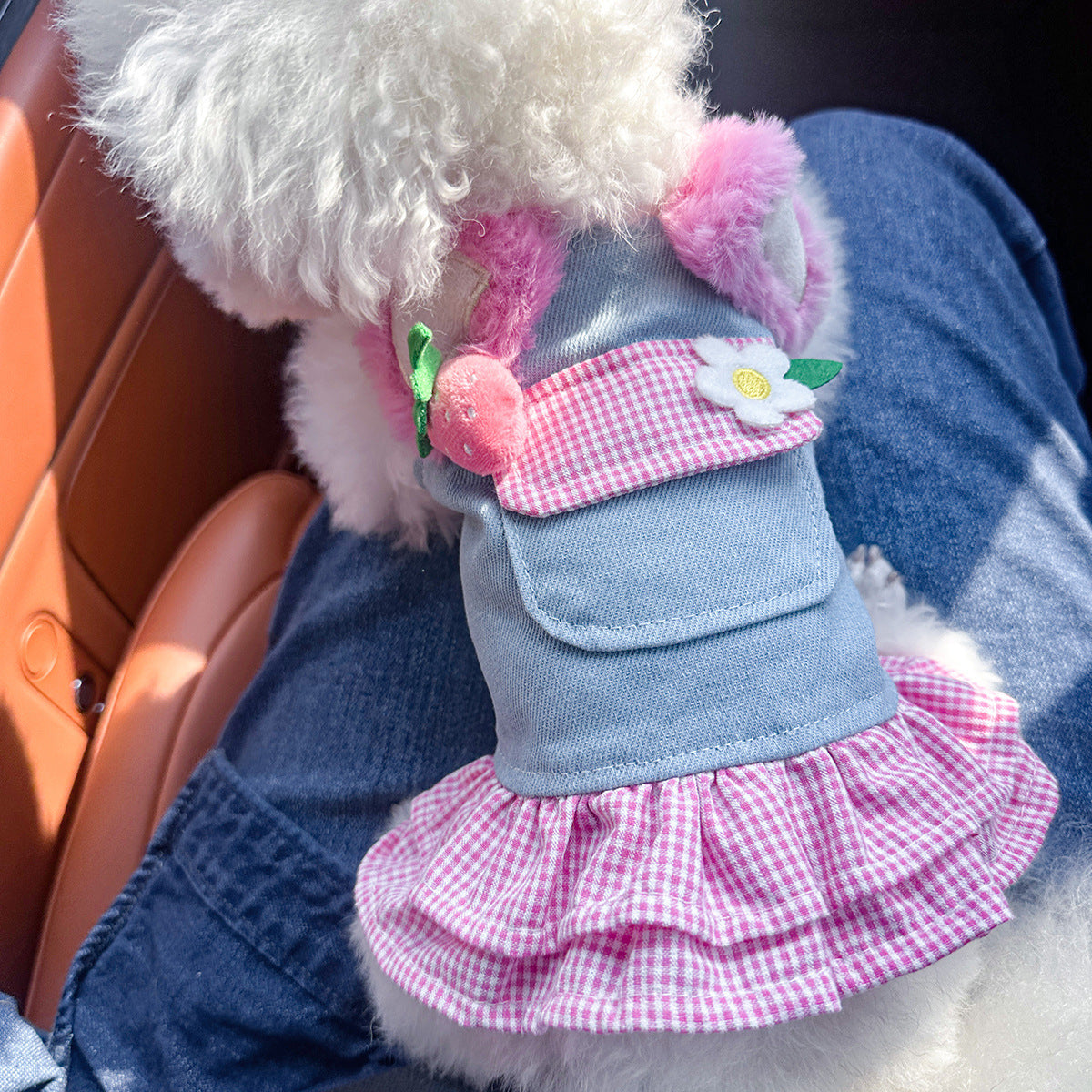 Dog and Cat Denim Jacket - Stylish Pet Outfit - Strawberry Flowers-XS